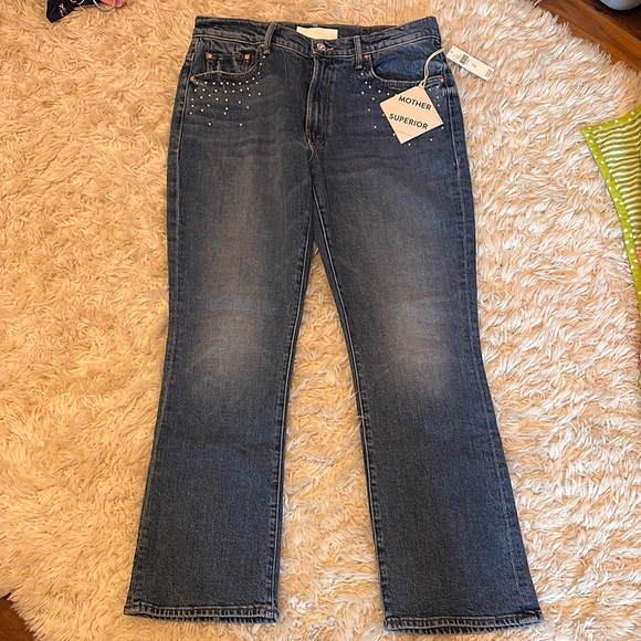 NWT MOTHER the Insider Flood high rise crop denim with stud details - Picture 7 of 13
